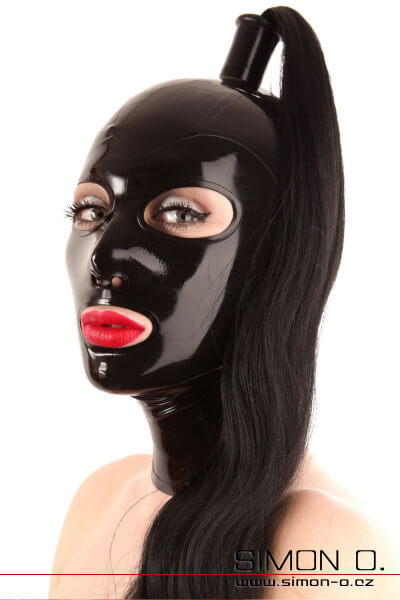 Černá latexová maska s kruhovými usty a očima, s černým tubusem a černým příčeskem