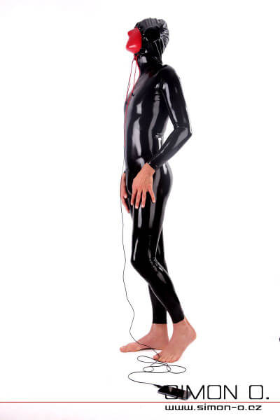 Černý Módní latexový catsuit pro muže s kapucí a červenými prvky