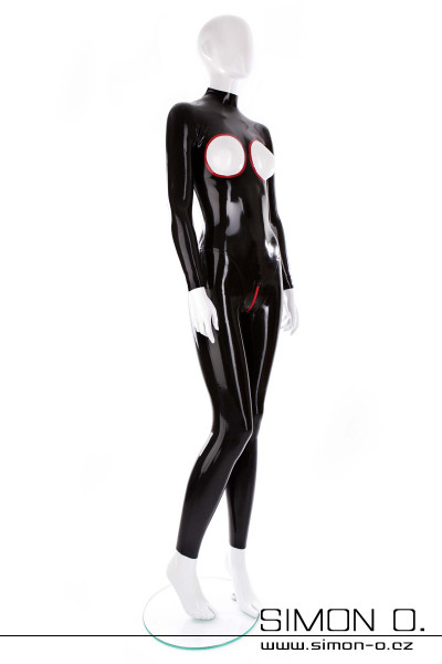 Latexový černý catsuit s otevřenými prsy