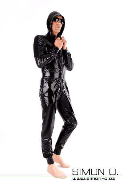 Exkluzivní latexový catsuit volný, s kapsami a kapucí pro muže