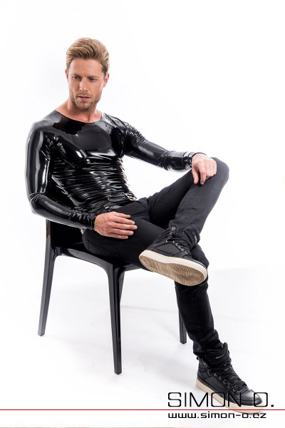 Sexy Latexové tričko s dlouhým rukávem a velkým výstřihem