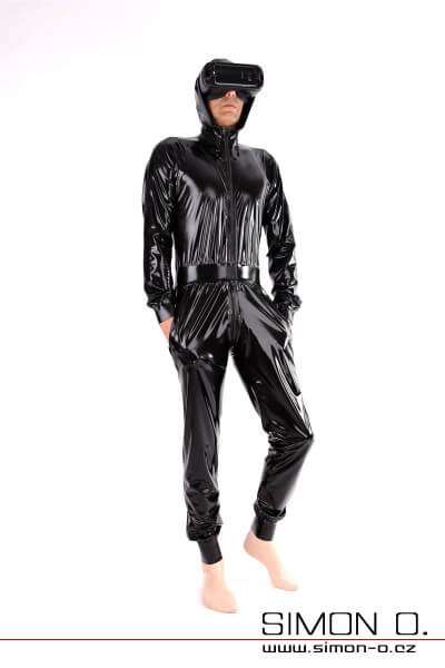 Exkluzivní latexový catsuit volný, s kapsami a kapucí pro muže