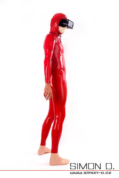 Červený latexový catsuit pro Muže s Kapucí a černými detaily