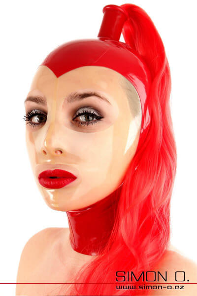 Červená latexová maska s průhledným obličejem a příčeskem
